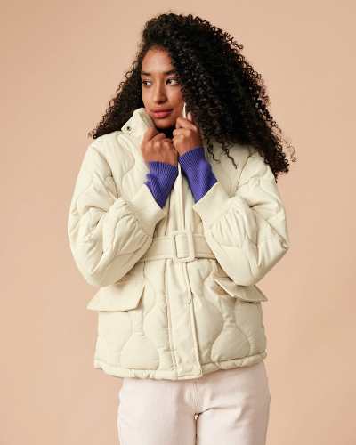 The Beige Mock Neck Belted Quilted Puffer Jacket