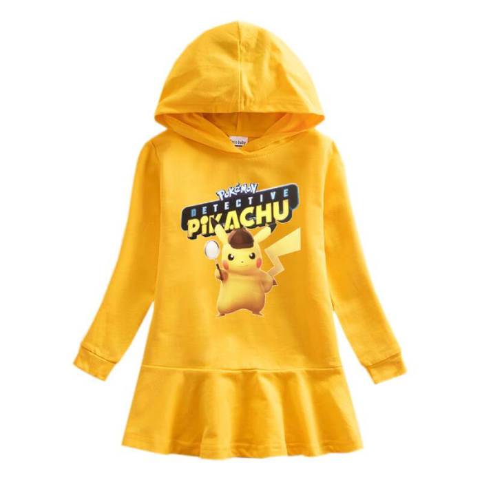 Girls Pokemon Detective Pikachu Print Hooded Long Sleeve Frill Dress