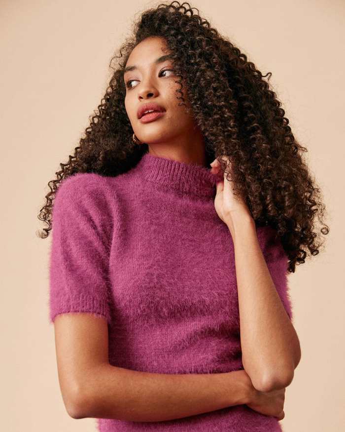 The Red Mock Neck Fuzzy Sweater Dress