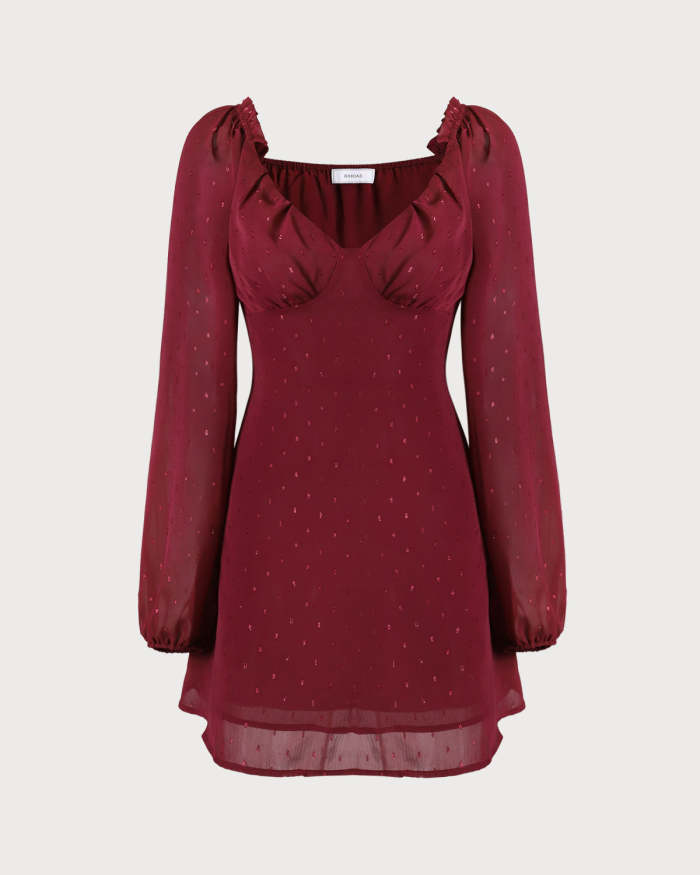 The Red V Neck Jacquard Long Sleeve Mini Dress