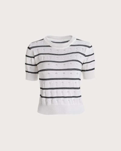 The White Round Neck Striped Pointelle Knit Top