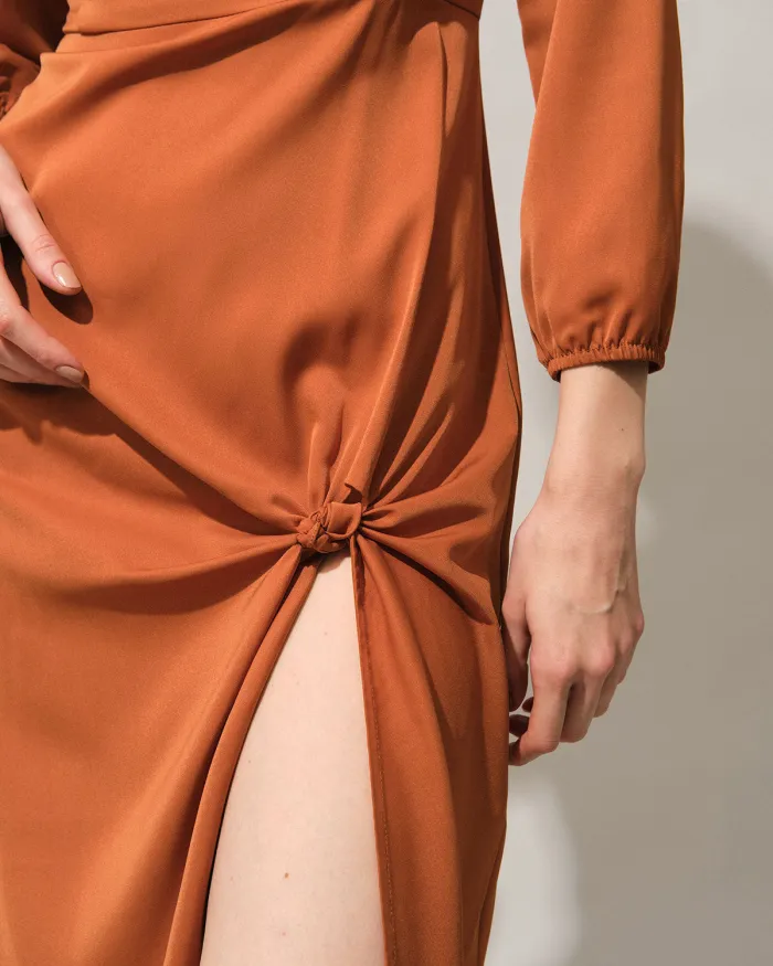 The Orange Boat Neck Long Sleeve Slit Midi Dress