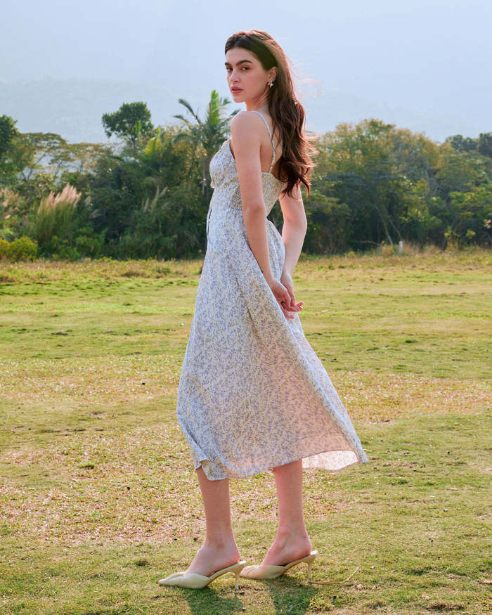 The Beige Floral Ruched Slip Midi Dress