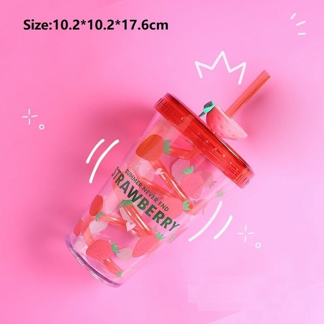 Double Layer Plastic Straw Cup Portable Milk Coffee Mug Girl Summer Beverage Water Bottle Cold Drink Juice Cup Kitchen Drinkware
