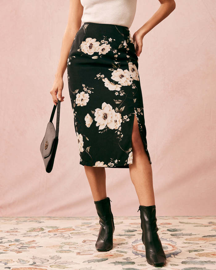 The Black High Waisted Slit Midi Skirt