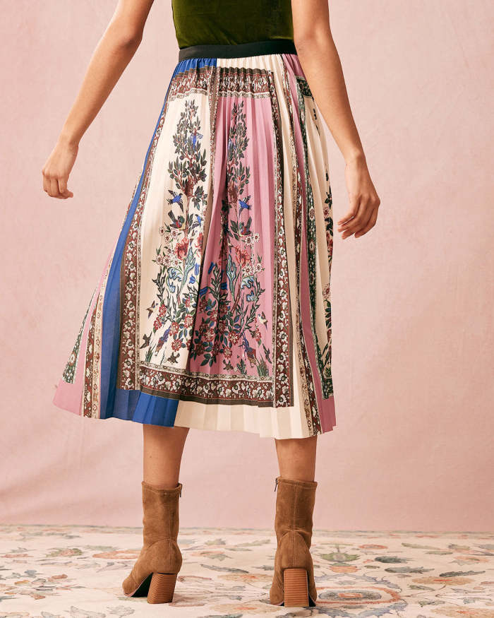 The High Waisted Multi-Color Floral Pleated Skirt