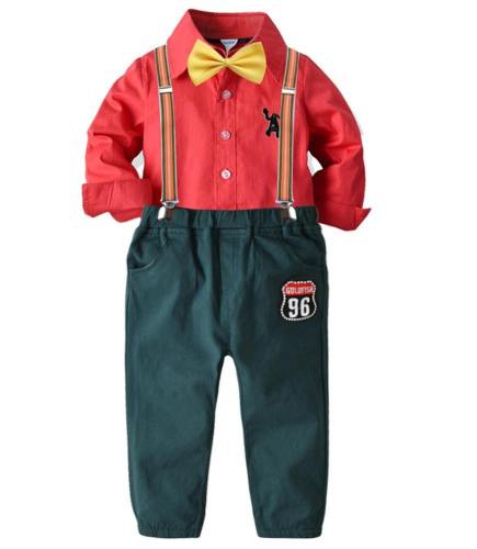 Boys Red Cotton Shirt With Bow Tie And Suspender Pants Outfit Set