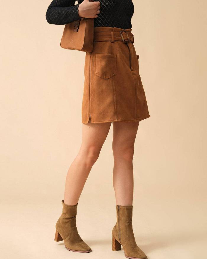 The Solid High Waisted Belted Suede Skirt