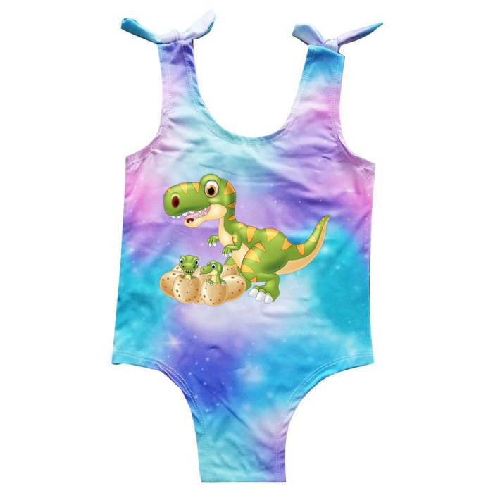 Girls Dinosaurs And Baby Print Frill Sleeve Rainbow One Piece Swimsuit