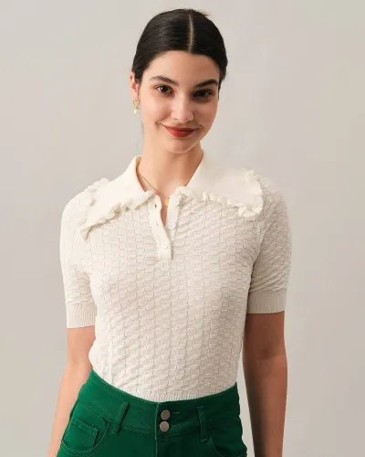 The Frill Trim Lapel Textured Knit Top