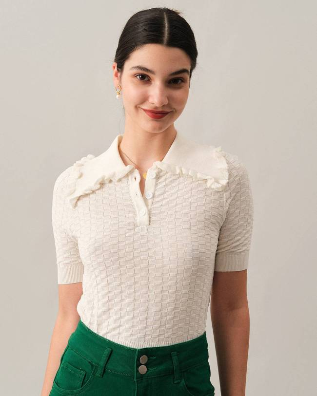 The Frill Trim Lapel Textured Knit Top