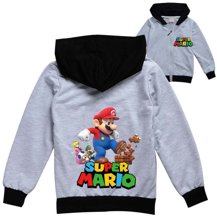 Super Mario Print Boys Girls Zip Up Sweatshirt Cotton Hoodie Coat