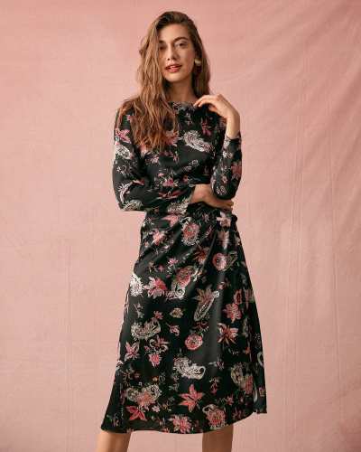 The Floral Ruched Long Sleeve Midi Dress