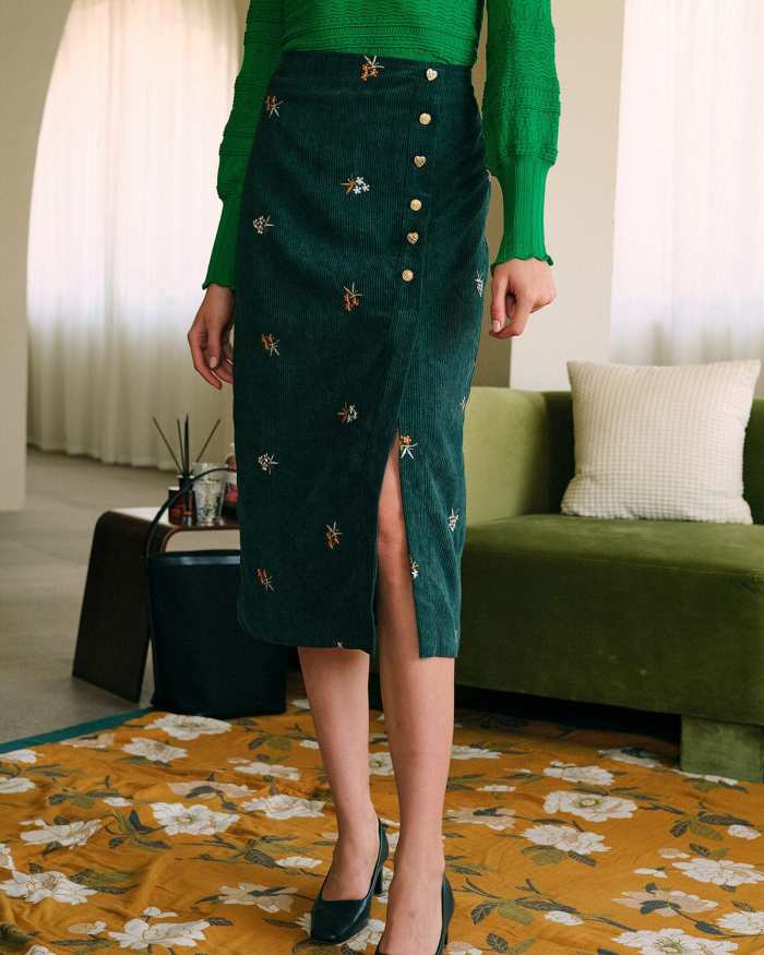 The Embroidered Slit Corduroy Midi Skirt