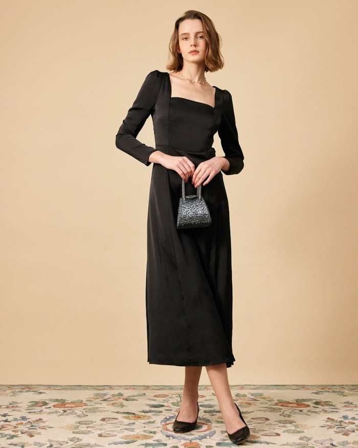 The Square Neck Satin Long Sleeve Maxi Dress