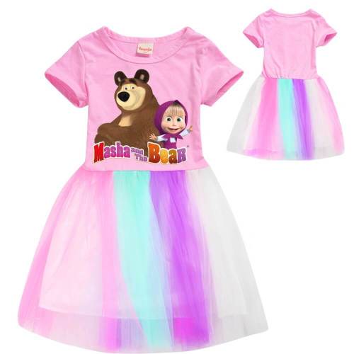 Masha And The Bear Print Girls Pink Cotton Top Rainbow Tulle Dress