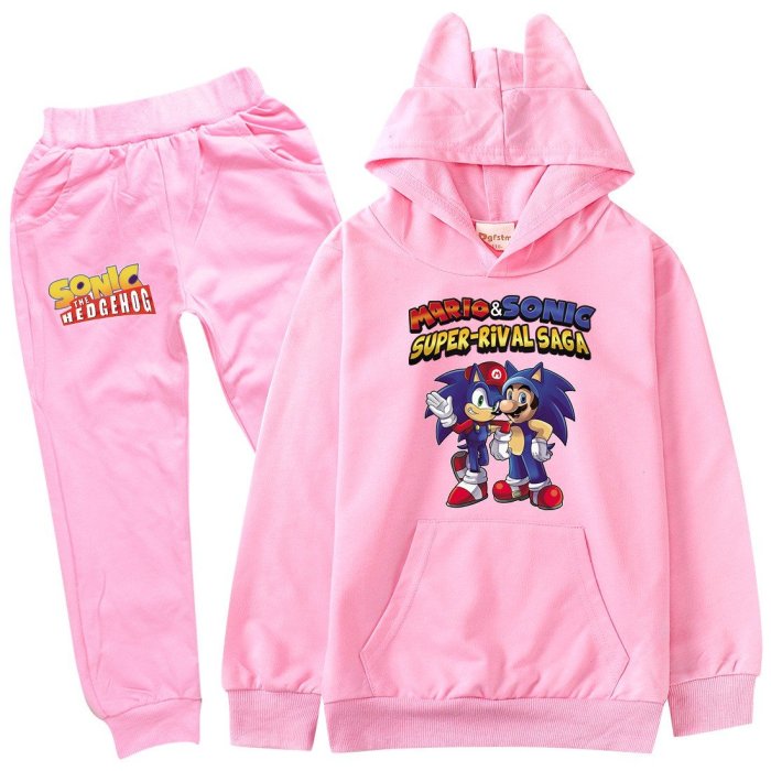 Mario Sonic Super Rival Saga Print Girls Boys Cotton Hoodie Sport Suit