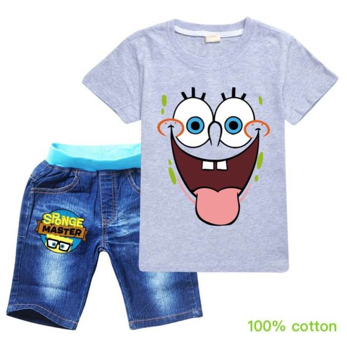 Spongebob Print Girls Boys Cotton T Shirt And Denim Shorts Set