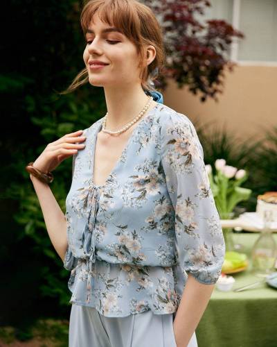 Floral Ruffle Hem V Neck Blouse