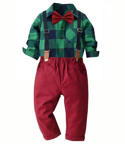 Boys Outfit Set Green Plaid Shirt With Bow Tie Red Suspender Trousers
