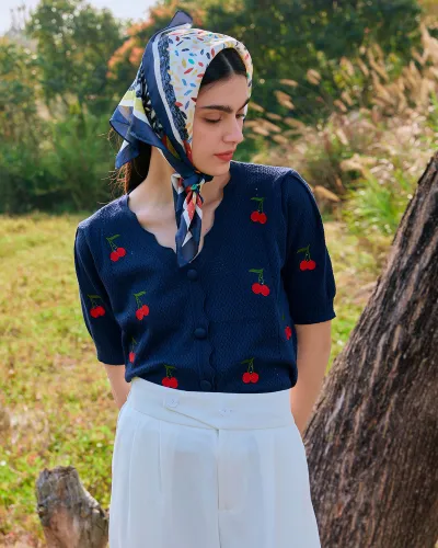 The Navy Cherry Pattern V Neck Knit Top