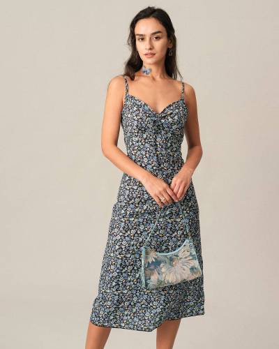 The Blue Floral Ruched Midi Dress