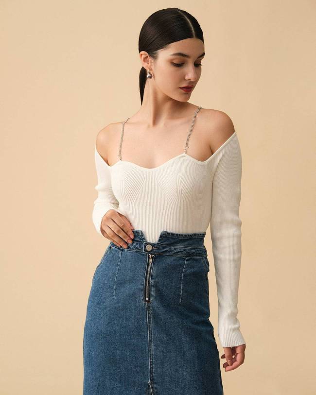 The Ribbed Chain Strap Long Sleeve Knit Top