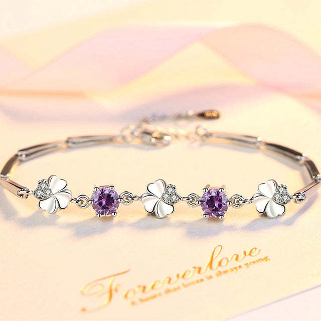 Femme White Gold Silver Color Clover Crystal Jewelry Bracelet