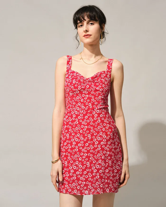 The Red Sweetheart Neck Floral Slip Mini Dress