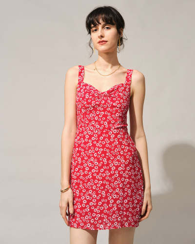 The Red Sweetheart Neck Floral Slip Mini Dress