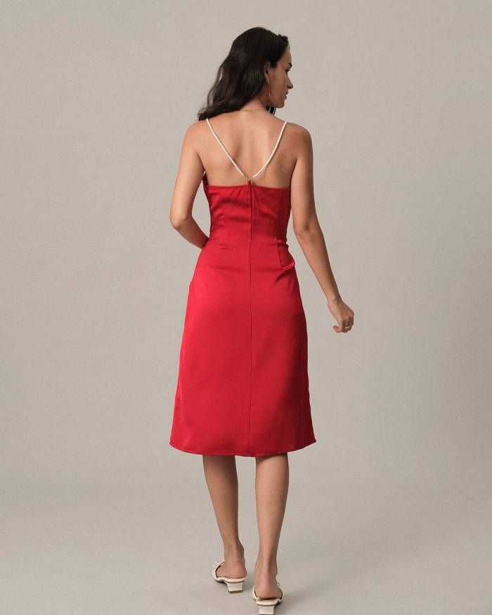 The Red Backless Pearl Strap Midi Dress