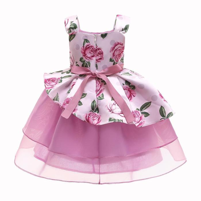 Girls Pink Rose Pattern Pageant Tiers Tulle Birthday Party Dress