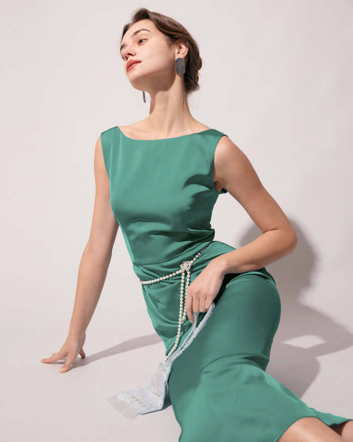 The Green Round Neck Sleeveless Satin Midi Dress