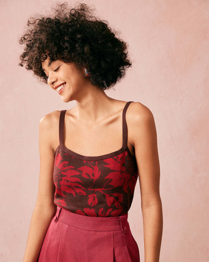 The Red Floral Ribbed Knit Cami Top