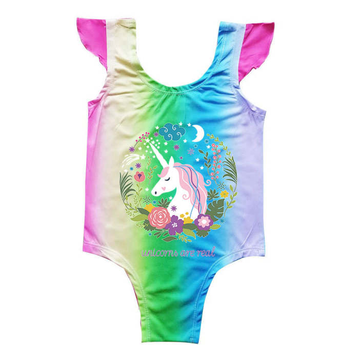 Girls Fancy Unicorn Print Frill Sleeve Rainbow One Piece Swimsuit