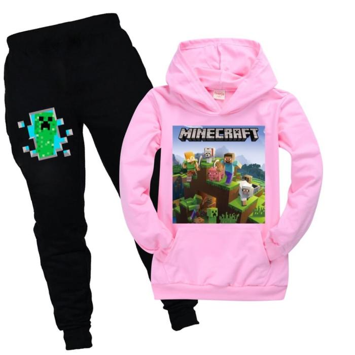 Minecraft Print Girls Boys Cotton Hoodie With Pocket Sweatpants Suit