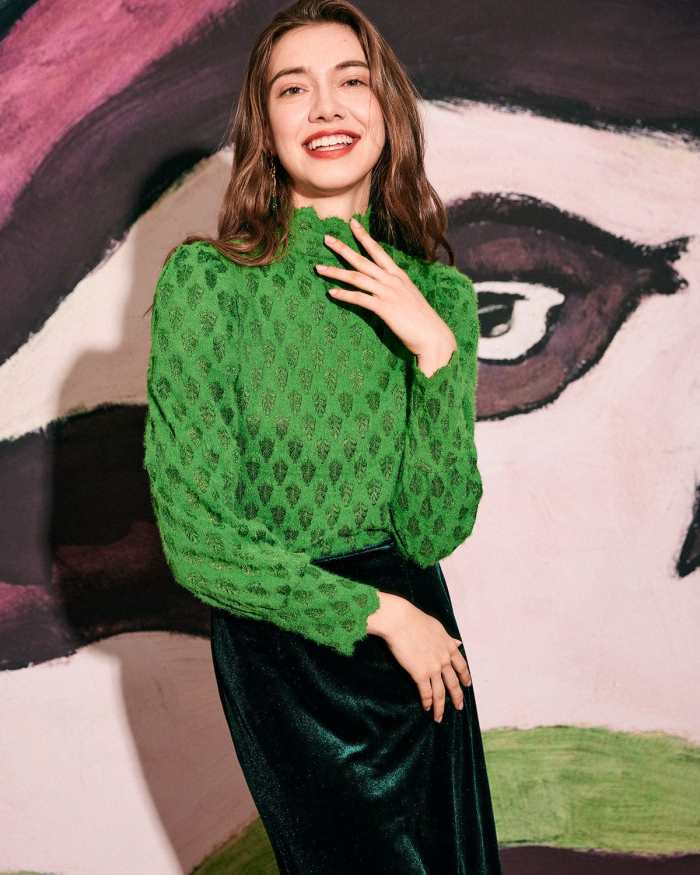 The Green Mock Neck Puff Sleeve Textured Knit Top