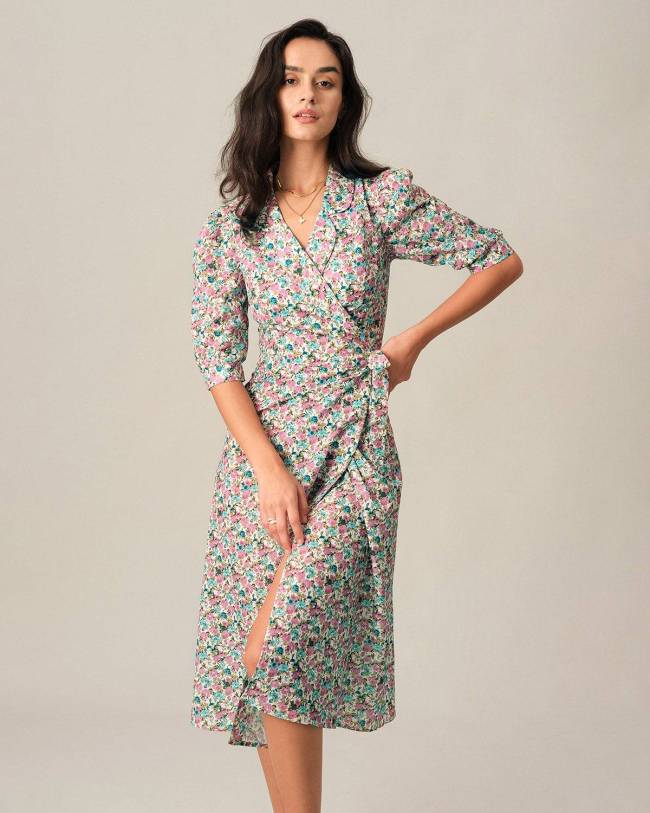 The Lapel Wrap Floral Midi Dress