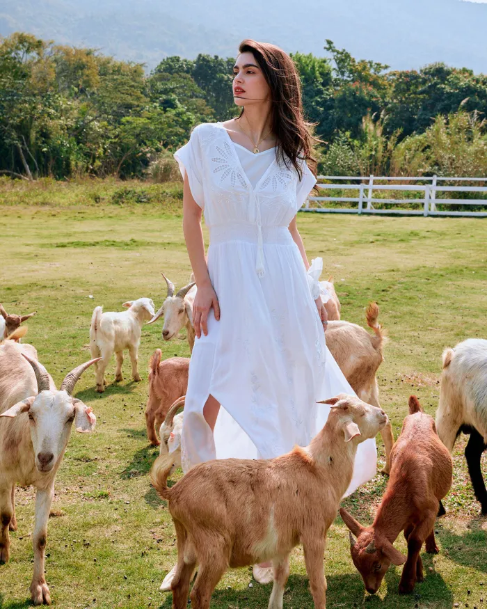 The White V Neck Embroidered Short Sleeve Midi Dress