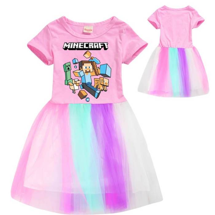 Minecraft Print Girls Pink Short Sleeve Rainbow Tulle Cotton Dress