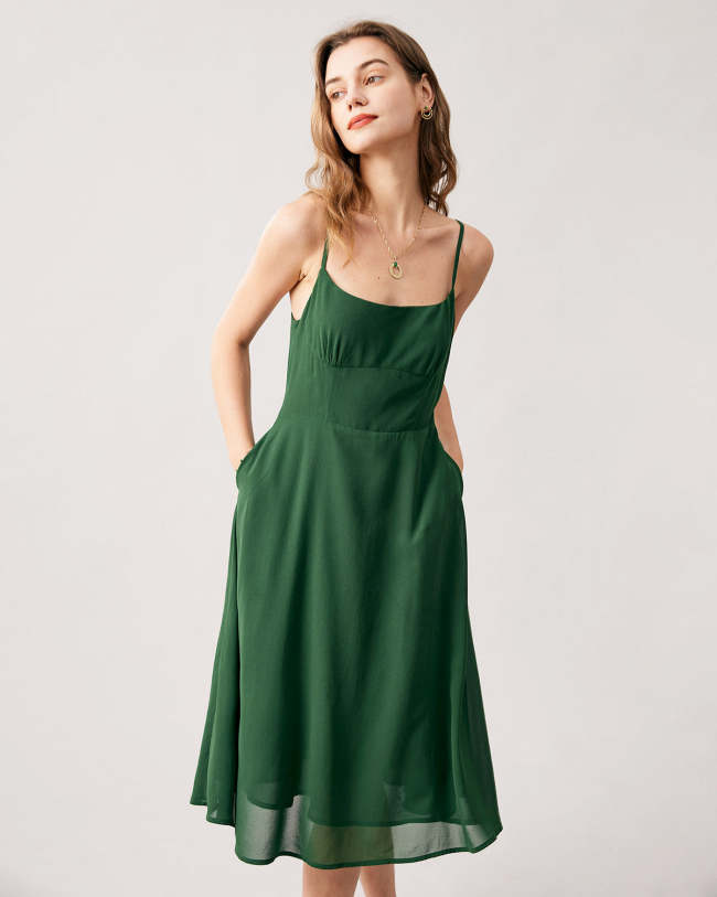 The Green Spaghetti Strap Midi Dress
