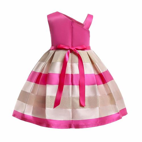 Girls Deep Pink Irregular Shoulder Beaded Bowknot Party Gown Dress