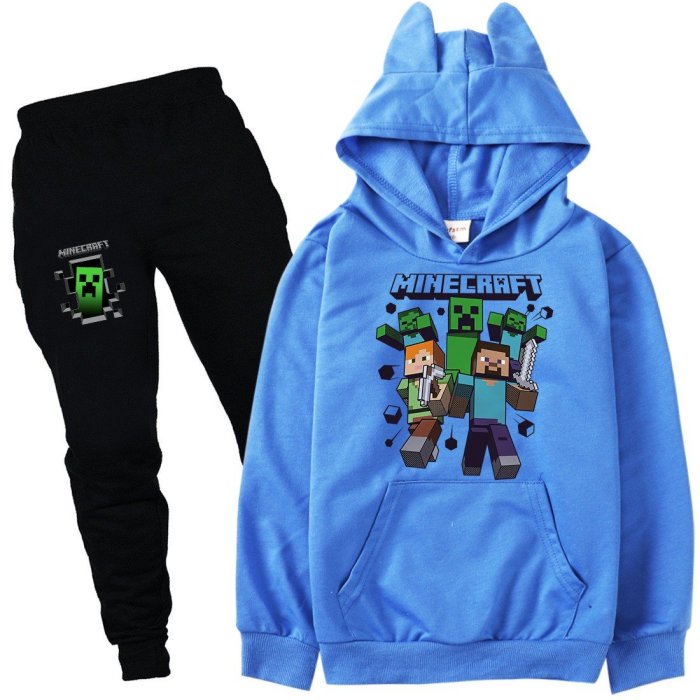 Minecraft Print Girls Boys Hooded Sweatshirt Pants Set Sportswear Suit
