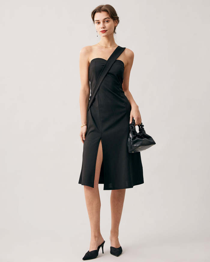 The Black Slit One Shoulder Midi Dress