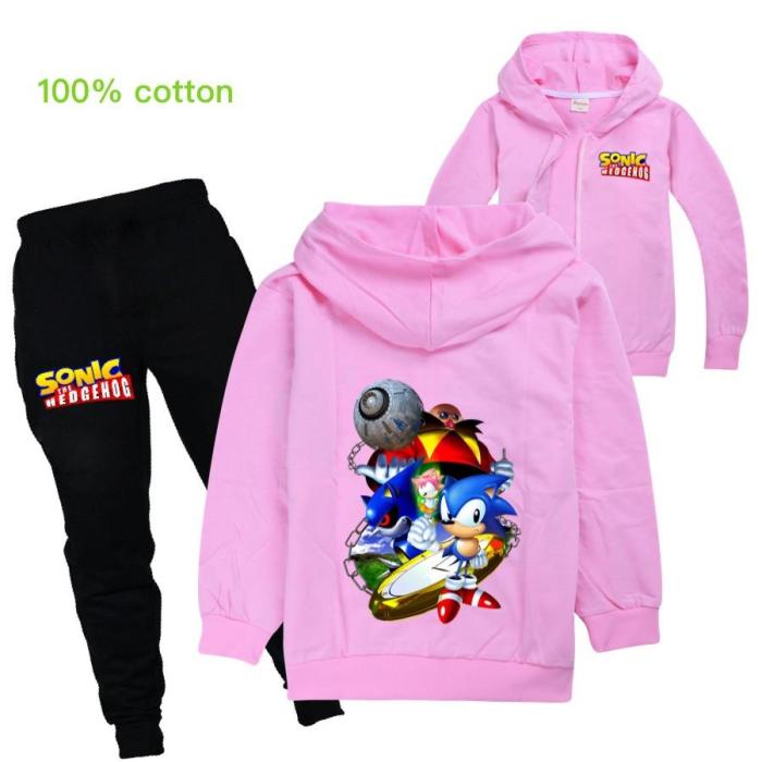 Boys Girls Sonic The Hedgehog Print Cotton Zip Up Hoodie Jogger Pants