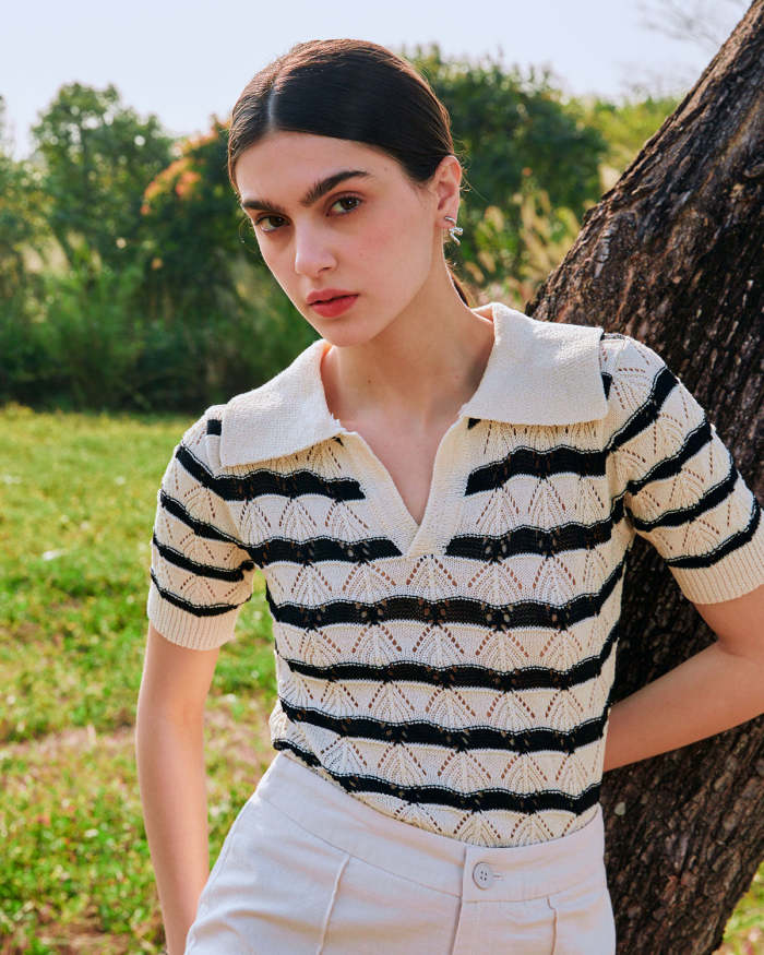The Collared Striped Pointelle Knit Top