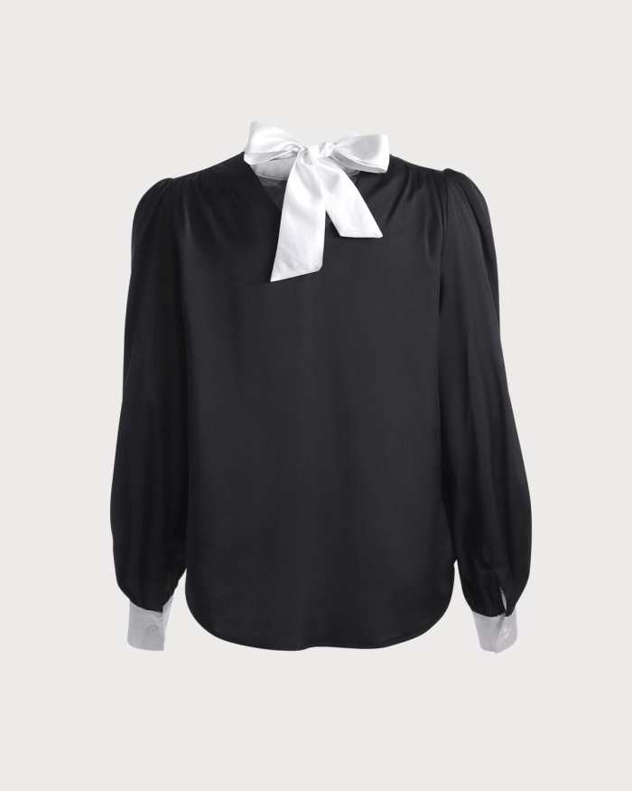 The Color Block Mock Neck Knotted Blouse