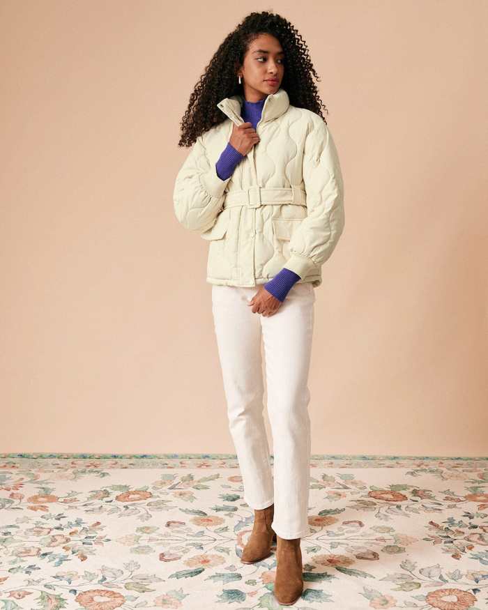 The Beige Mock Neck Belted Quilted Puffer Jacket