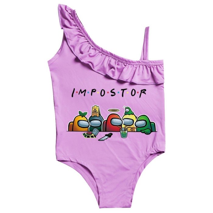 Girls Impostor Among Us Print One Piece Ruffle Shoulder Swimwear