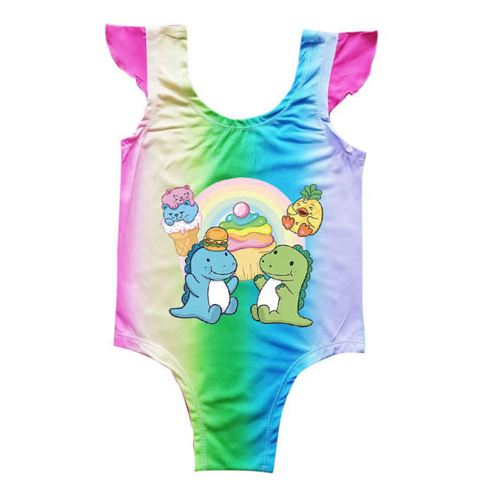 Girls Pickle And Cousin Dinosaur Ice Cream Print One Piece Swimsuit